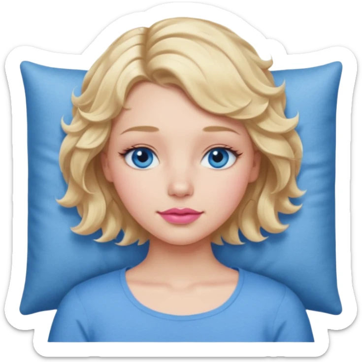 Girl Blonde short wavy hair,  blue eyes, cute blue top, long lashes, pink lips, sleeping sticker
