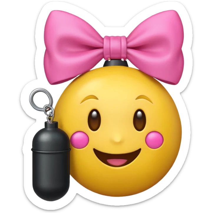A happy face emoji holding a bomb and the bomb has a cute pink bow on the bomb sticker