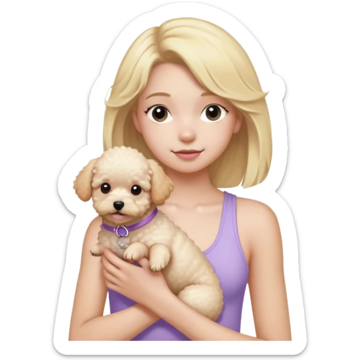 Blonde haired teenager wearing light purple tank top holding a white poochon dog sticker