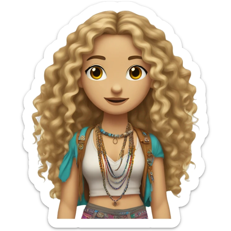 Caucasian hippie girl with curly dirty blonde hair, hazel eyes, baggy colorful pants and a tank top, LOTS OF bohemian bracelets and jewelry sticker