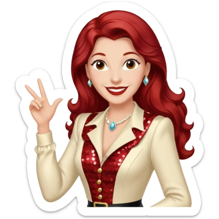 LaVerne Andrews from The Andrews Sisters with long dark red hair, cream sequin outfit sticker