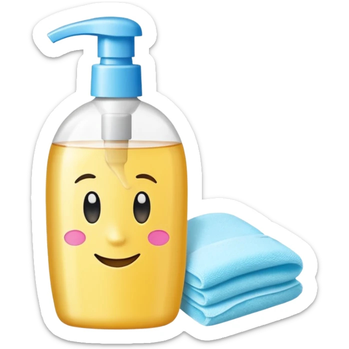 emoji of big (1L) bottle of shampoo, disposable gloves and cotton pads (for makeup) are standing on a table, products look like its always running out, and bran labels to them, make quantity bigger , and i want to see more disposable products sticker