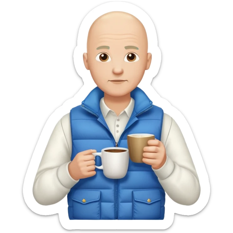 full body bald man wearing long sleeve white shirt with blue puffy winter vest holding a cup of coffee in front of him and nothing in his other hand sticker