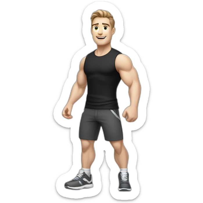 Joyful Pale skinned Fit Man With the biceps and dark brown hair in black shirt, gray sports shorts and white Sneakers sticker