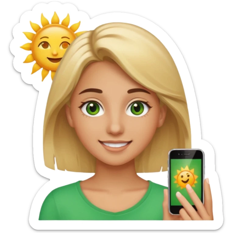 cheerful 20-year-old female with blonde hair, green eyes, brown eyebrows, sun-kissed tan, iPhone emoji style sticker