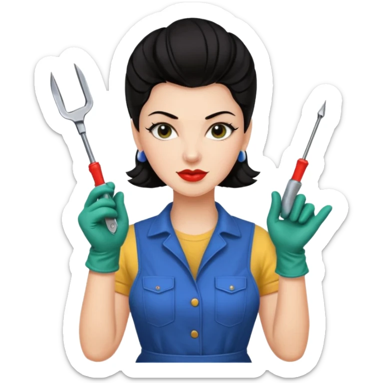 I like it! Can you make her dark haired? Rockabilly vibes are good. I like the third one and last most. Could you leave the screwdrivers? She's more like the organised one. Perhaps give her washing gloves or something. Or gardening gloves. sticker
