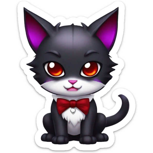 Cute-Evil-Vampiric-Batty-Cat-Black-Purple-Red-White-Contrast-Colors-Fantasy-Fur-Sona-Chibi-Shiny-Fakémon-Hybrid with horns and big fangs neck bow white tie leg spats full body sticker
