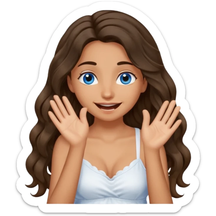 Girl with olive skin, blue eyes, brown dark insanely wavy long hair, white camisole, giggling with hand over face sticker