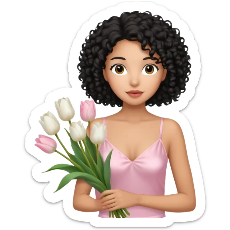 Mixed-race woman with caramel skin, black curly hair down, wearing a pastel pink silk camisole, holding a bouquet of white tulips sticker