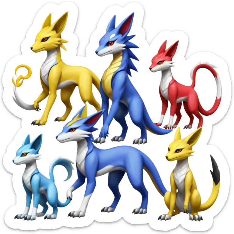 Latias-Vernid-Sergal-Lombax-Koraidon-Renamon-Zeraora-Bastet-Fakémon-Digimon-hybrid-fusion-creature, full body sticker