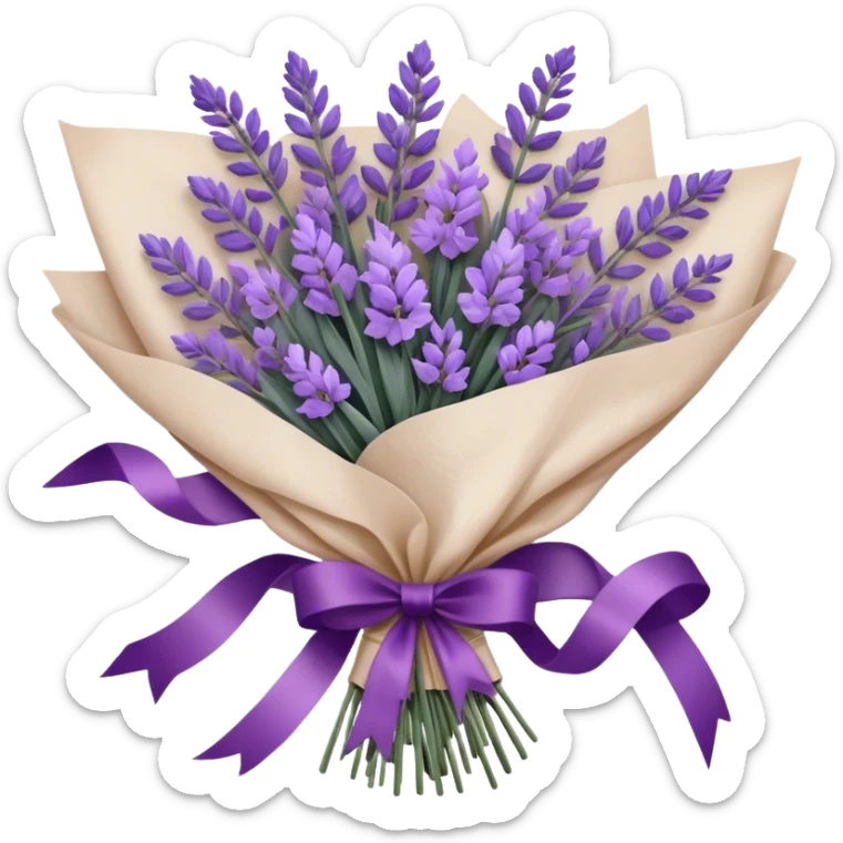 A delicate hand-tied lavender bouquet, featuring wisps of pale lilac and deep amethyst sprigs, is wrapped in parchment paper secured with a dusty plum ribbon. The gentle contrast of fresh and dried stems creates a soft, ethereal look, while the faint scent of lavender lingers like a nostalgic embrace from a bygone era.
 sticker