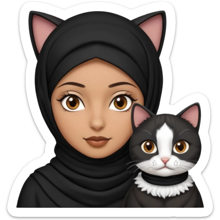 A Arabic woman human with brown eyes and black hijab. , the human is a human no cat ears, two cats, the both cats have the colour black and white in the same colour,   sticker