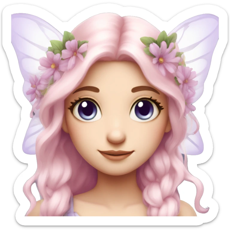 Beautiful, flower fairy, white long, light pink hair, big wings, fair skin, light violet eyes  sticker