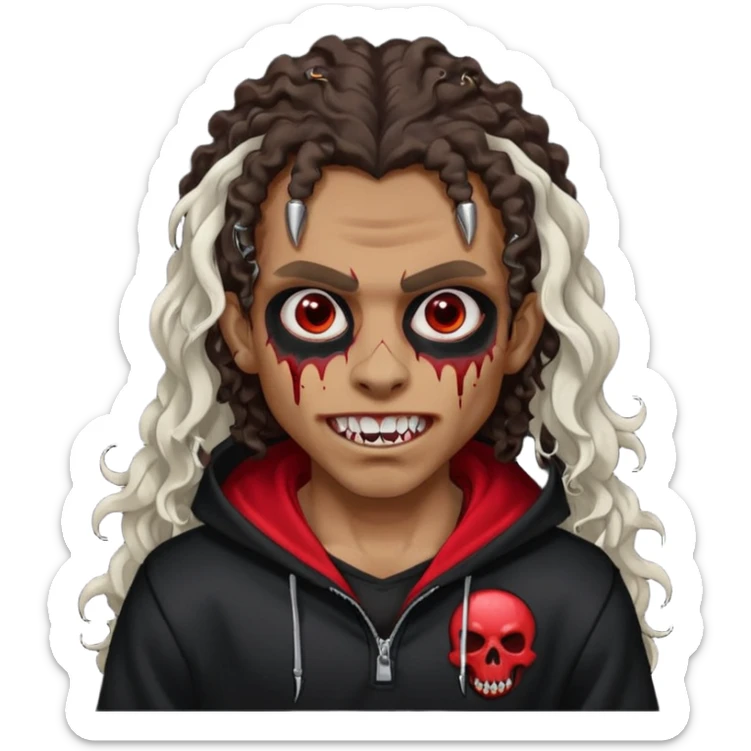 Vampire wearing black hoodie with a skull logo on it, long curly hair, brown skin, fanged teeth, blood under eye sockets/forehead, piercings on eyebrows and long curly hair with a patch (section) of red sticker