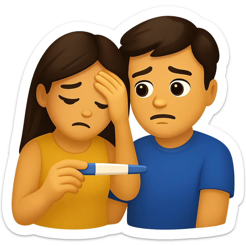Create an emoji of a worried couple looking at a pregnancy test, in the style of Apple emojis. The background should be transparent. The style is Apple emoji style, but since Apple emoji style does not support editing, use a general style that respects the Apple emoji look. sticker