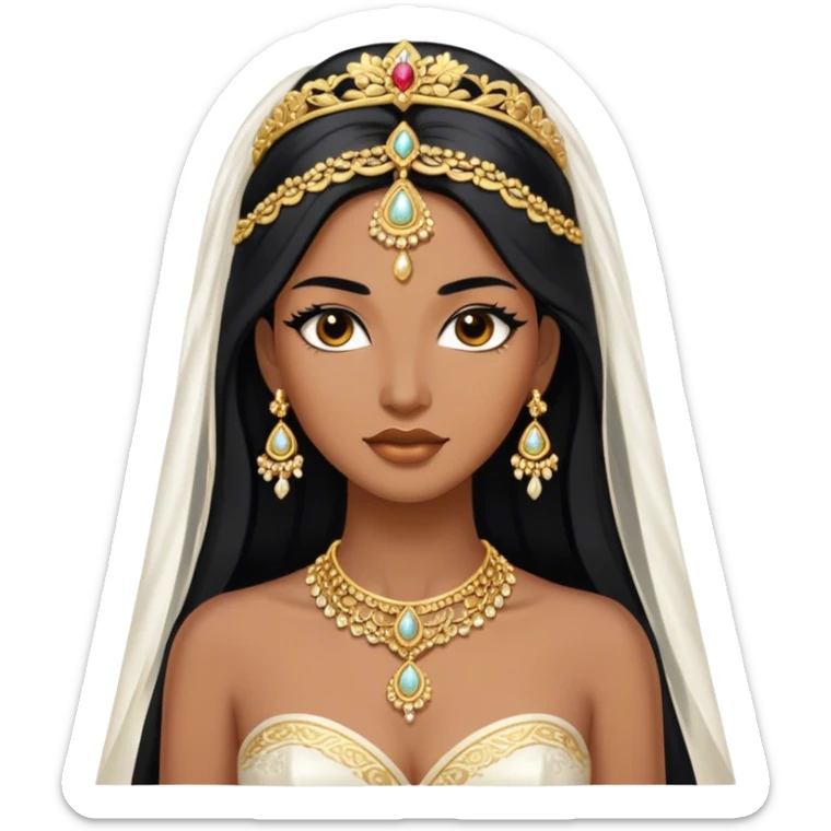 bride with long black hair and brown skin and gold jewelry  sticker