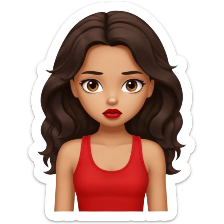 generate a pretty tan bratz girl with dark brown wavy hair long wearing a red tank top, red lipstick. Looking sad sticker