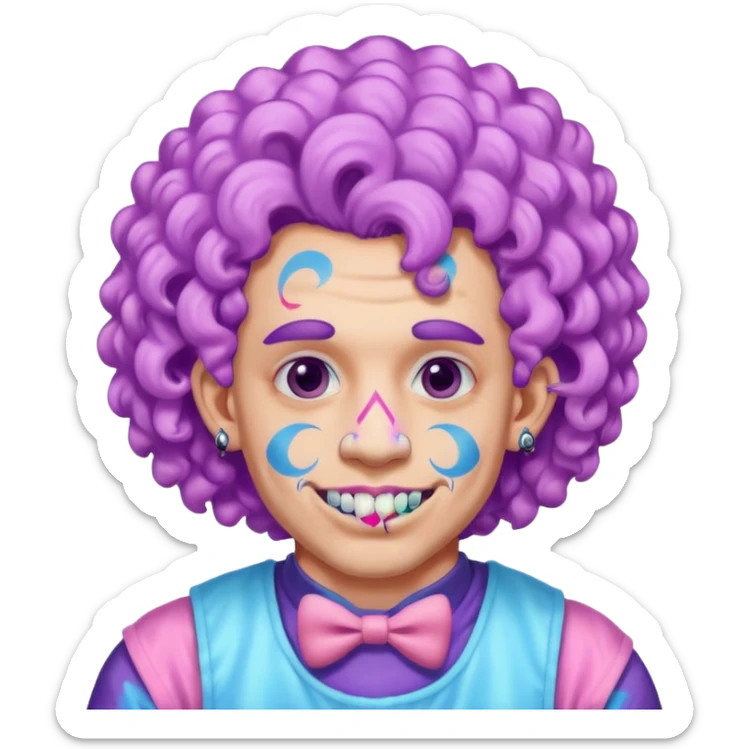 very colorful puffy violet curly haired man made out of cotton candy wearing teeth-braces and excessive face tattoos just face  sticker
