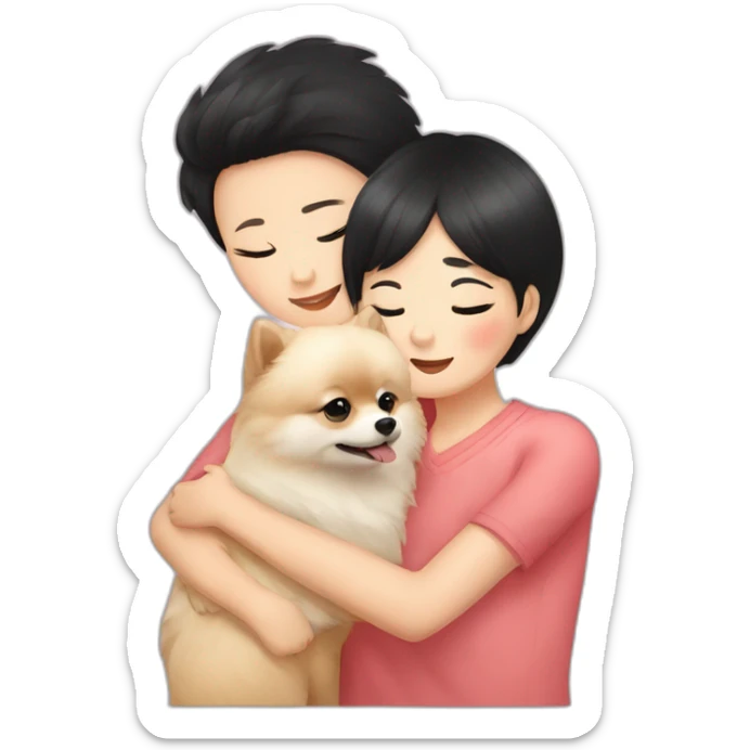 pomeranian hugging east asian girl with short black hair sticker