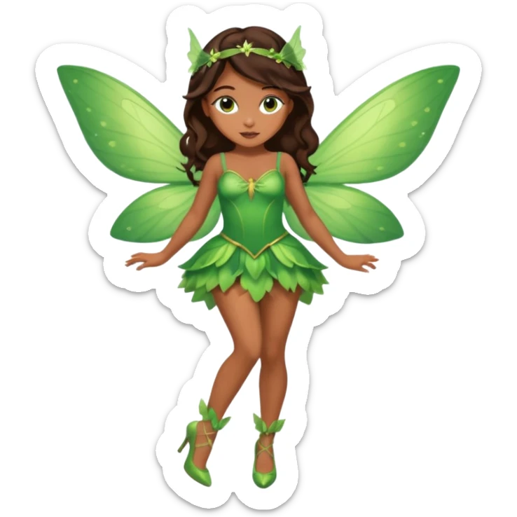 Pretty girl with caramel skin. Dark brown hair and brown eyes. She has freckles. Wearing sexy makeup. Wearing a green fairy costume and heels and flying sticker