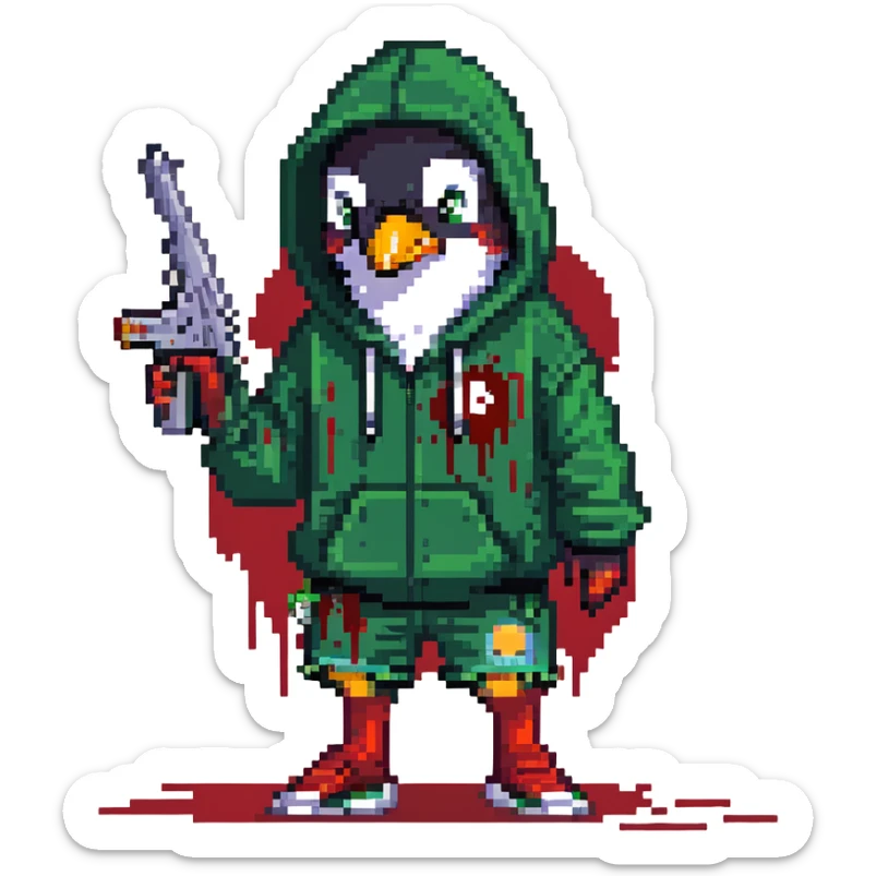 A cute half-dolphin half-penguin thug with a gun, green hoodie with blood stains, wearing Dollar General shorts sticker