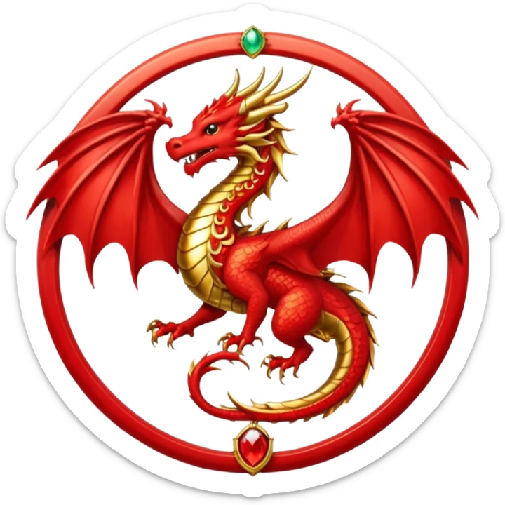 Golden dragon with wings crest / brosch in a circle with red gems and no background sticker