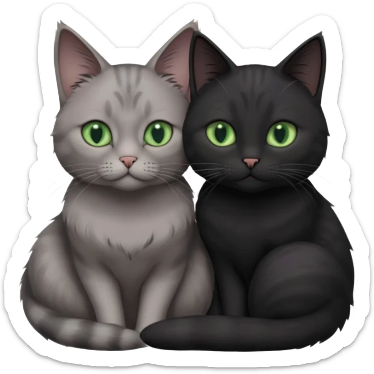 1 regal looking grey cat with pastal green eyes and 1 black with green eyes cat cuddling sticker