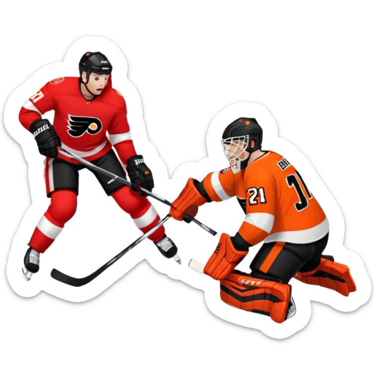 Detroit red wings shooting on Philadelphia flyers goalie sticker