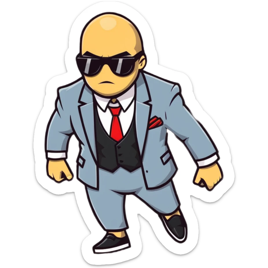 A gangster character walking with sunglasses and a power outfit in an alley, showcasing their gangster and combative nature sticker