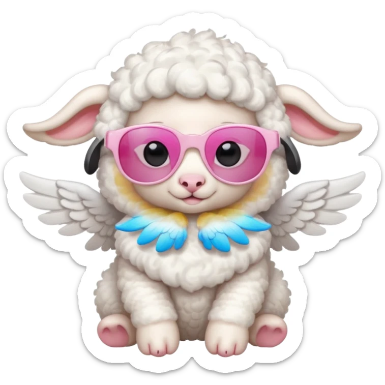 a white baby lamb with white angel wings and pink sunglasses on sticker