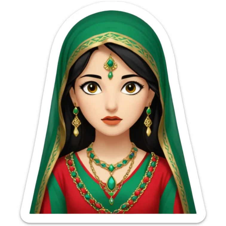 Mujer joven, morena, de gran belleza y porte misterioso.
 mirada intensa y fija; labios marcados.
 Negro, largo, suele ir cubierto parcialmente por un velo
 Ropa de inspiración árabe: túnica colorida (rojo, dorado, verde esmeralda), con detalles dorados  brazaletes y pendientes. sticker