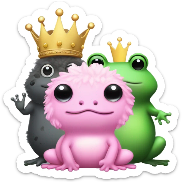 Fluffy pink frog stuffed animal with crown sits next to green fluffy twin. Behind them sits a fluffy dark gray seal with black spots.  sticker