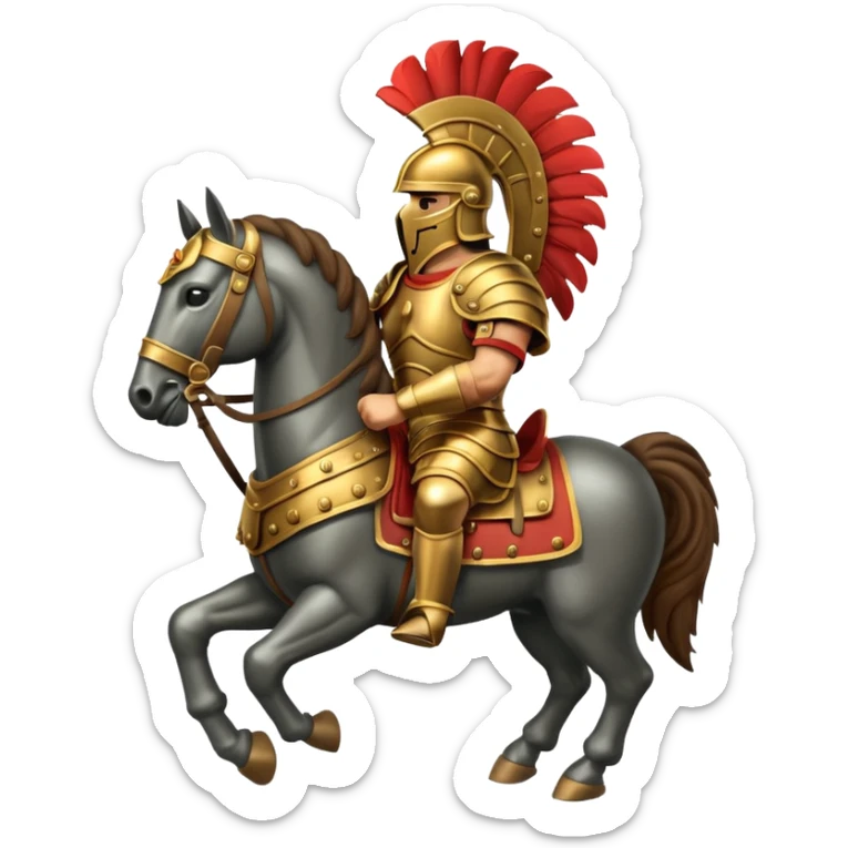 An emoji of a powerful Roman warhorse in full armor, with a feathered helmet. sticker