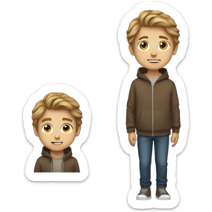 A boy eating a brown hoodie with light brown hair sticker