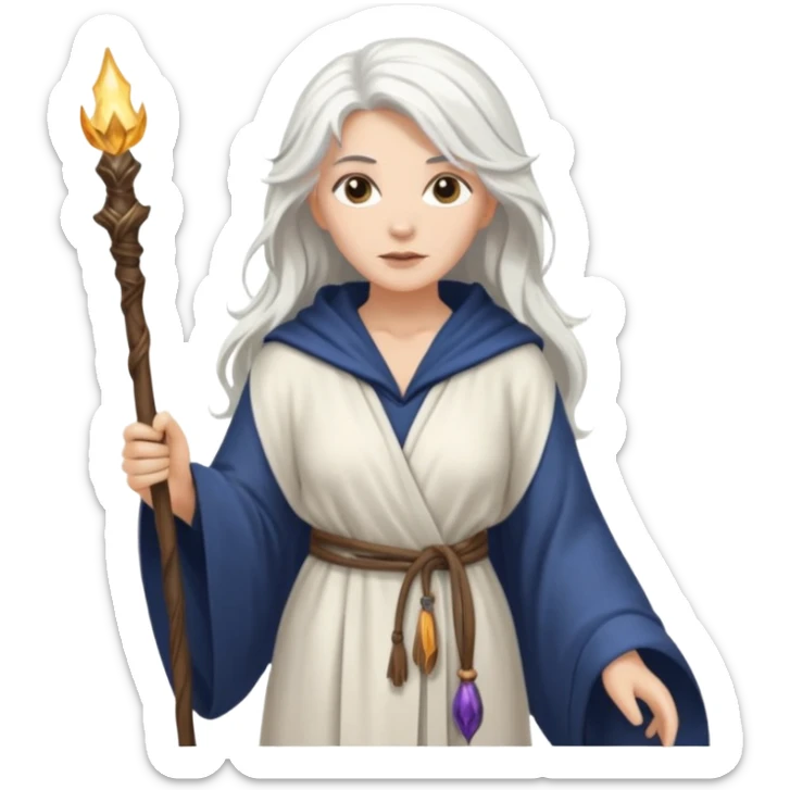 White Long Haired Women, Sorceress with staff — flowing white hair, calm face. sticker