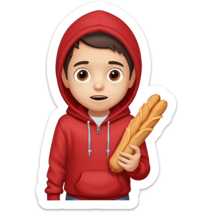 ute funny Spanish cartoon boy named Peque Tito, red hoodie, denim shorts, big expressive eyes, holding a churro, Pixar-style, viral character.” sticker