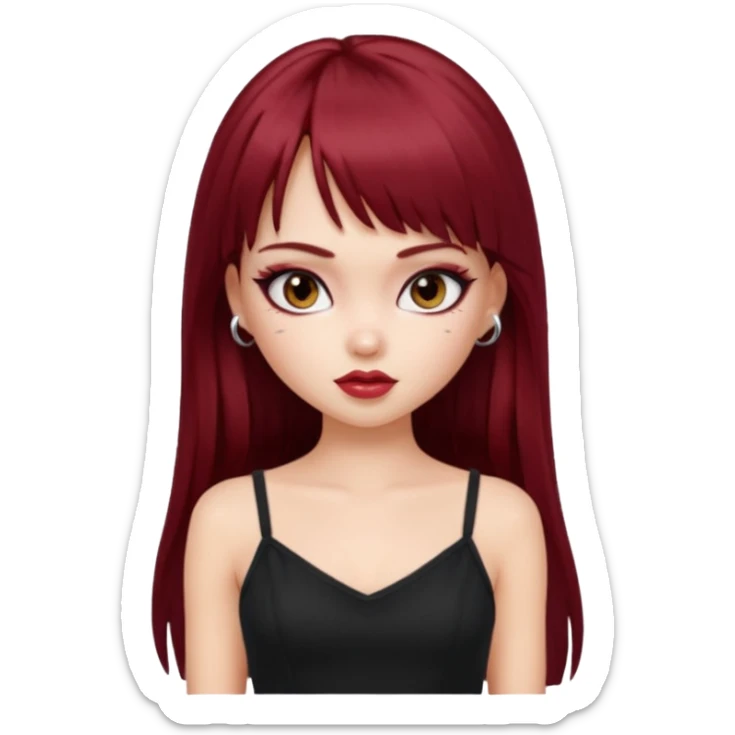 generate a pretty bratz girl in black cami top, dark red straight long hair with bangs, eyeliner on, 

 sticker