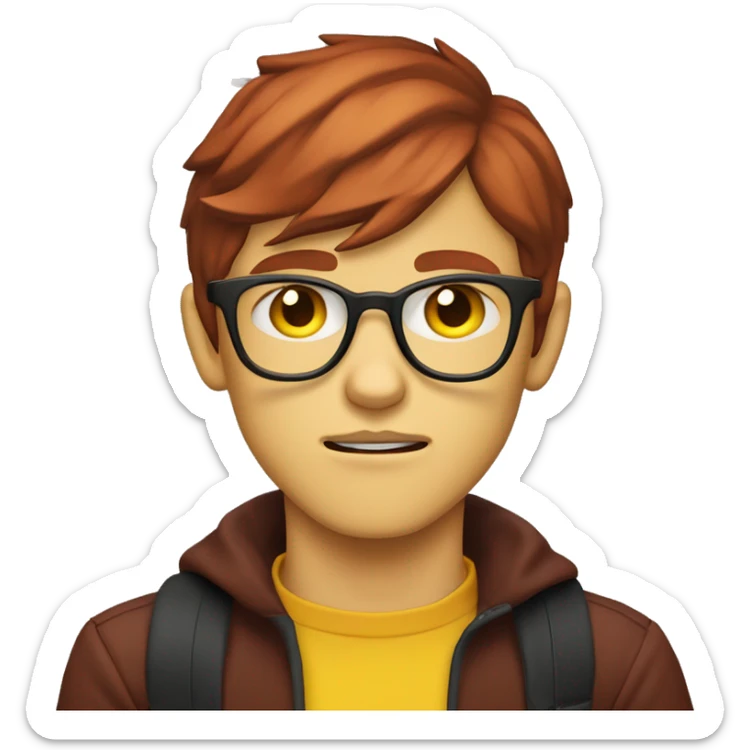 Twink skinny nerdy young man with red hair with neck-length hair brown eyes and Rectangular glasses, black turtleneck and yellow shirt, disapproval emotion, Resentment sticker