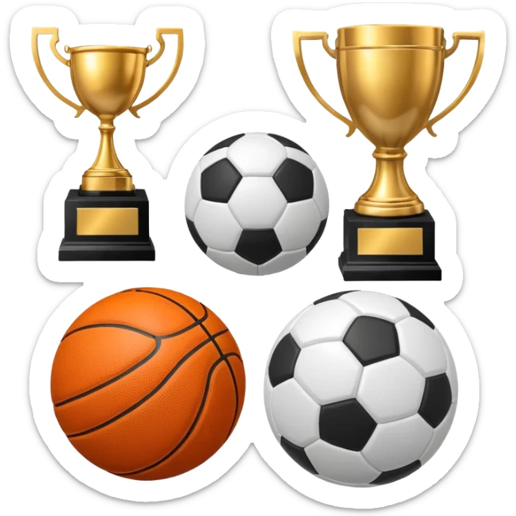 a basketball, soccer ball, volleyball, and a football all mixed with one trophy for a store logo sticker
