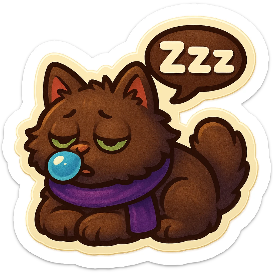 Fluffy cute sleepy dopey tired exhausted dark-brown cat with green eyes and a purple scarf saying ‘zZz’ with a snoring nose bubble (with a speech bubble) sticker