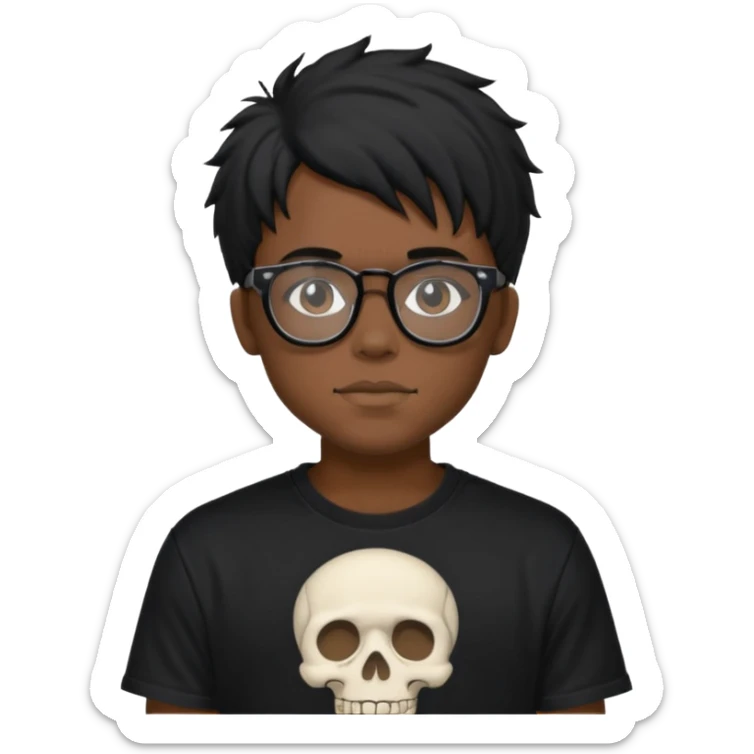 black anime hair guy with skeleton makeup. wearing a stussy tshirt with glasses sticker
