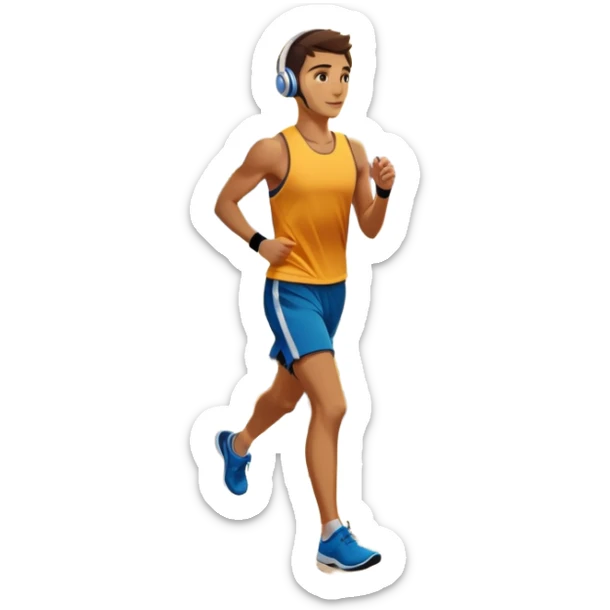 A runner wearing sports headphones jogs along a scenic waterfront promenade. The path is lined with trees, and the calm water reflects the golden hues of sunrise. In the background, a city skyline and distant mountains create a picturesque view. Transparent background enhances the motion. sticker