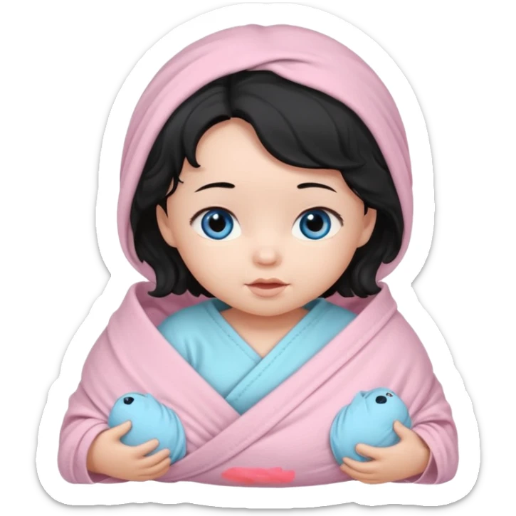 a  female asian newborn baby with black wavy hair and blue eyes wrapped in a light pink swaddle sticker