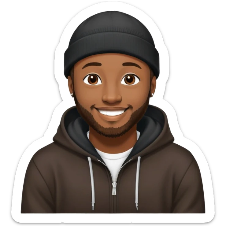 African yound man in his late 20s with a beanie and a bright smile with a short boxed beard, and a low cut hair, looking like davido the musician black hoody sticker