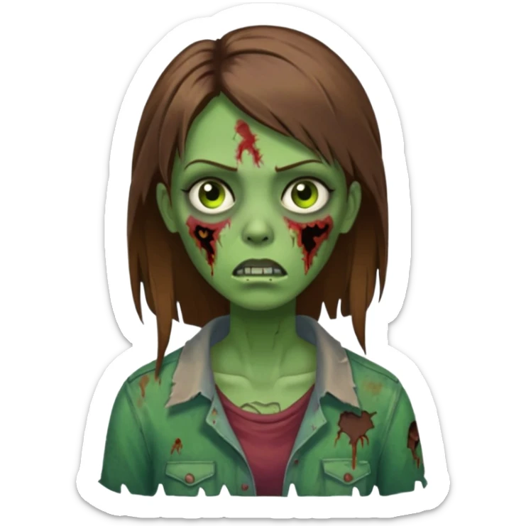 a zombie woman with straight brown medium hair with green skin sticker