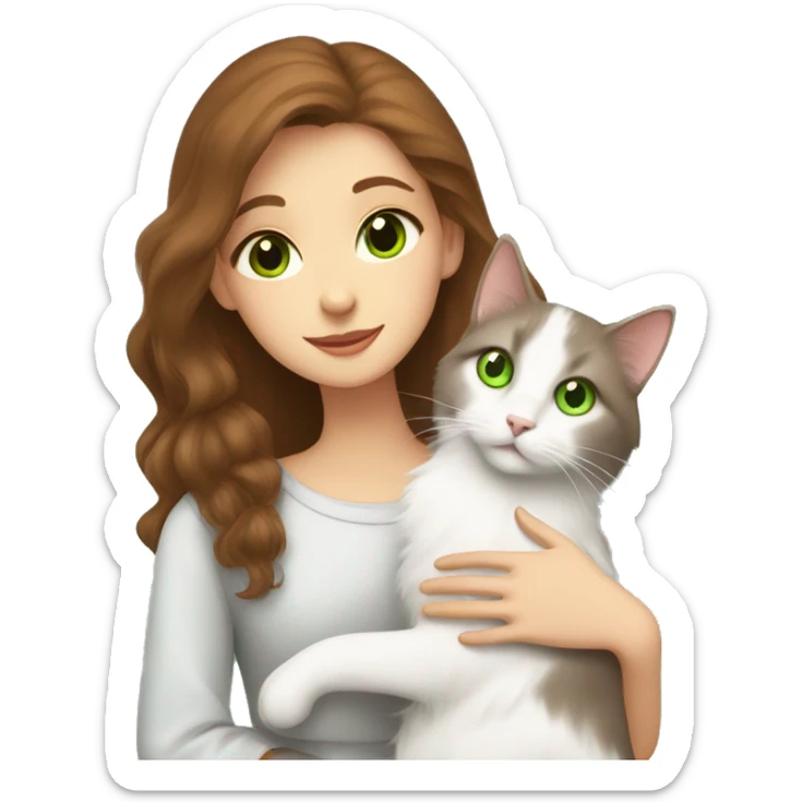 brown-haired girl with gray eyes hugs a Turkish Angora cat with green eyes sticker