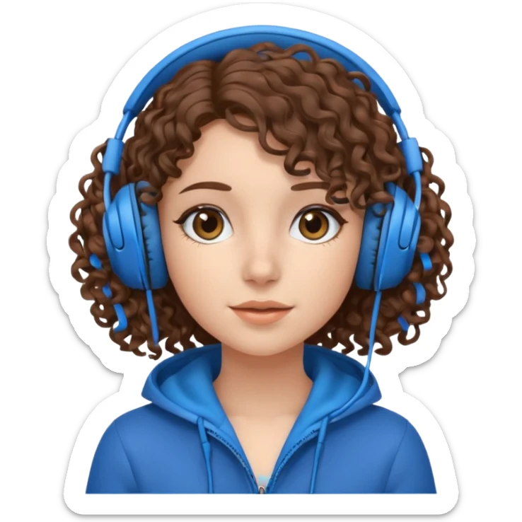 A girl with curly hair listening to music with blue headphones sticker