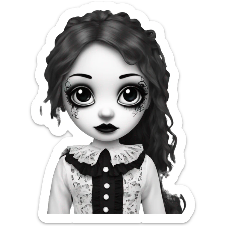 porcelain doll with a cracked face, goth makeup, long hair, lace and ruffles, lolita style, inked, black and white sticker