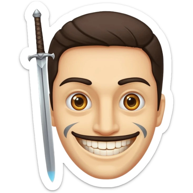 Haz que tenga una sonrisa epica una cicatriz en el ojo serrado y una espada entre los dientes y dos más a cada lado. sticker