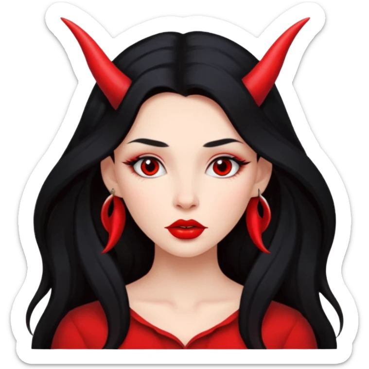 A skin red girl's face with cheekbones, long black hair, small red horns, big lips sticker